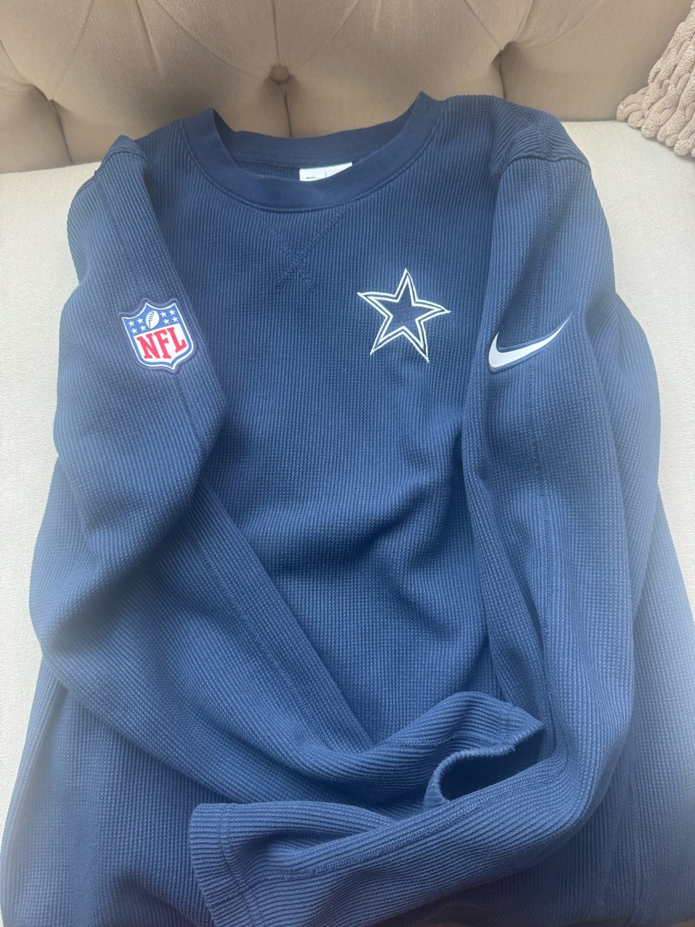 Nike Dallas Cowboys Navy Crew Sweatshirt NFL Henley waffle knit star Coach blue